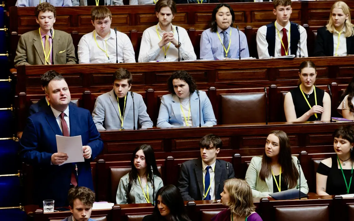 A young delegate stands to speak from his seat in the chamber of Leinster House during European Youth Parliament Ireland