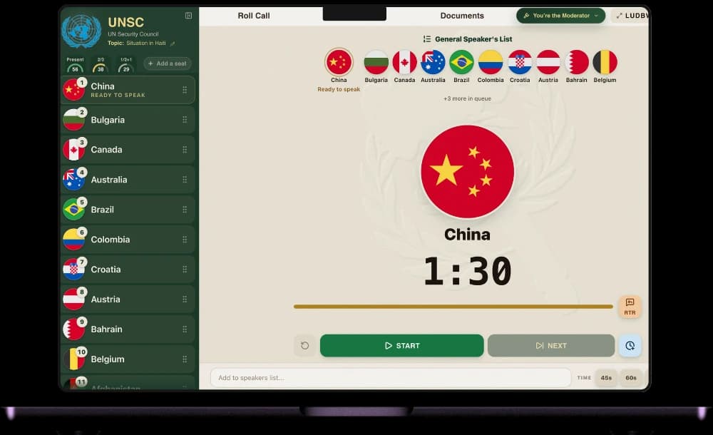 The chair's screen in Gavelling Sessions: the speakers list, the delegation on the floor and its speaking clock