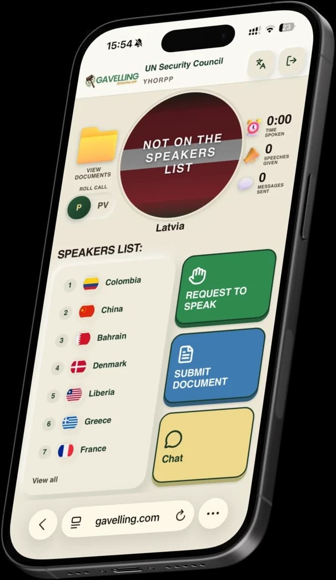 A delegate's phone in Gavelling Sessions, with the speakers list and a Request to speak button